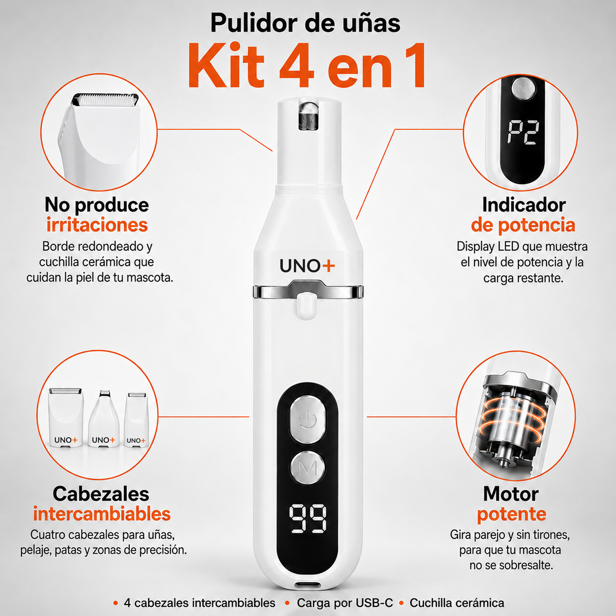 Kit 4 en 1 del pulidor de uñas UNO+: cuchilla cerámica que no irrita, display LED de potencia, cabezales intercambiables y motor potente