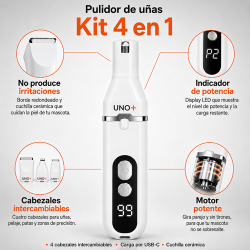 Kit 4 en 1 del pulidor de uñas UNO+: cuchilla cerámica que no irrita, display LED de potencia, cabezales intercambiables y motor potente