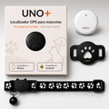 Localizador GPS UNO+ con su caja, funda de silicona con forma de huella y collar negro con patitas, compatible con iPhone y Android