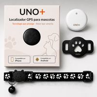 Localizador GPS UNO+ con su caja, funda de silicona con forma de huella y collar negro con patitas, compatible con iPhone y Android
