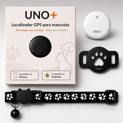 Localizador GPS UNO+ con su caja, funda de silicona con forma de huella y collar negro con patitas, compatible con iPhone y Android