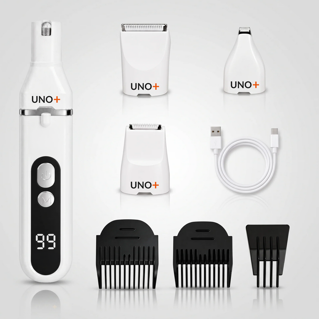 Pulidor de uñas UNO+ con pantalla digital y sus accesorios: tres cabezales intercambiables, tres peines guía y cable USB-C