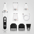Pulidor de uñas UNO+ con pantalla digital y sus accesorios: tres cabezales intercambiables, tres peines guía y cable USB-C