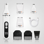 Pulidor de uñas UNO+ con pantalla digital y sus accesorios: tres cabezales intercambiables, tres peines guía y cable USB-C