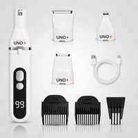 Pulidor de uñas UNO+ con pantalla digital y sus accesorios: tres cabezales intercambiables, tres peines guía y cable USB-C