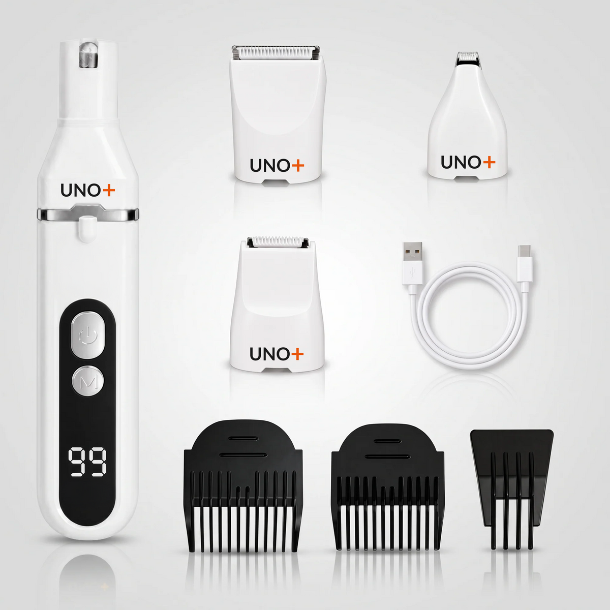 Pulidor de uñas UNO+ con pantalla digital y sus accesorios: tres cabezales intercambiables, tres peines guía y cable USB-C