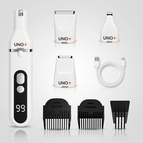 Pulidor de uñas UNO+ con pantalla digital y sus accesorios: tres cabezales intercambiables, tres peines guía y cable USB-C