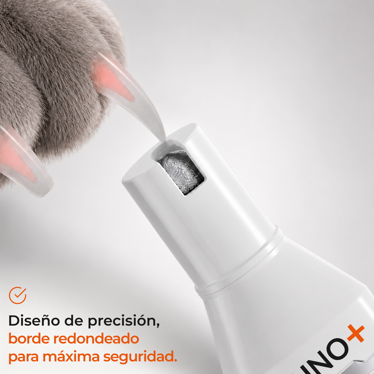 Uña de gato apoyada en el cabezal pulidor UNO+, de diseño de precisión y borde redondeado para máxima seguridad