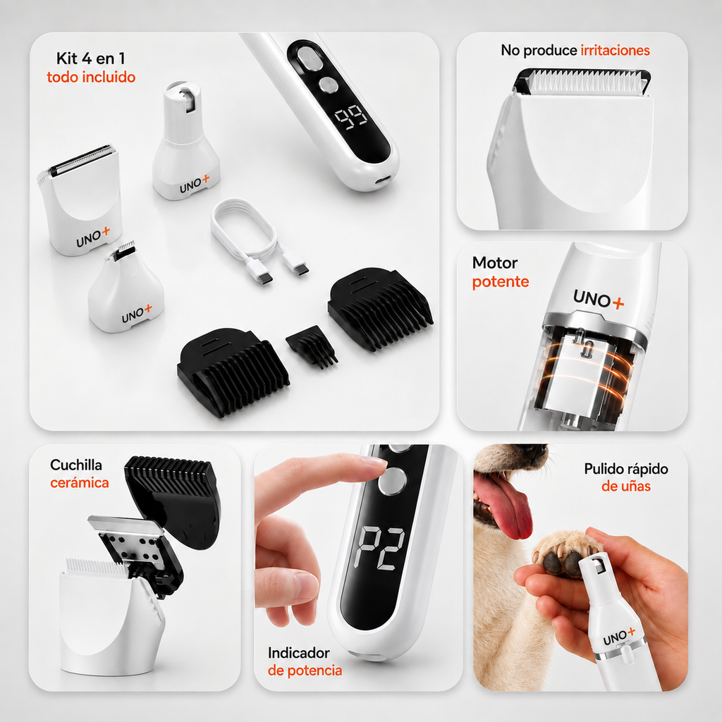 Detalles del pulidor UNO+: kit completo, cuchilla cerámica, motor, indicador de potencia y pulido de uñas en la pata de un perro