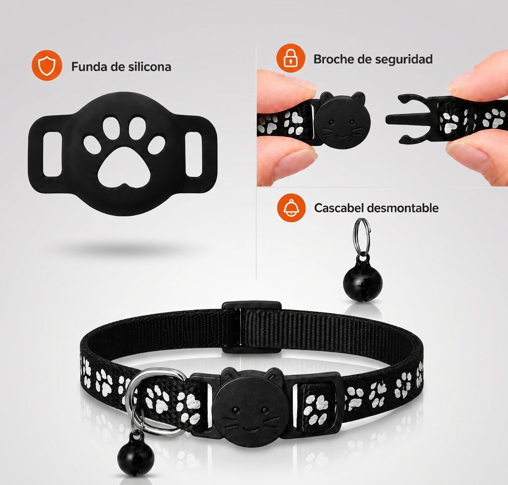 Accesorios del localizador GPS UNO+: funda de silicona, collar con broche de seguridad con forma de gato y cascabel desmontable