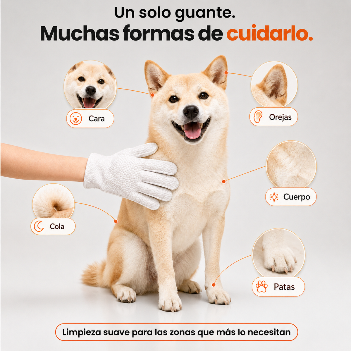 Perro siendo limpiado con el guante UNO+, que sirve para cara, orejas, cuerpo, cola y patas