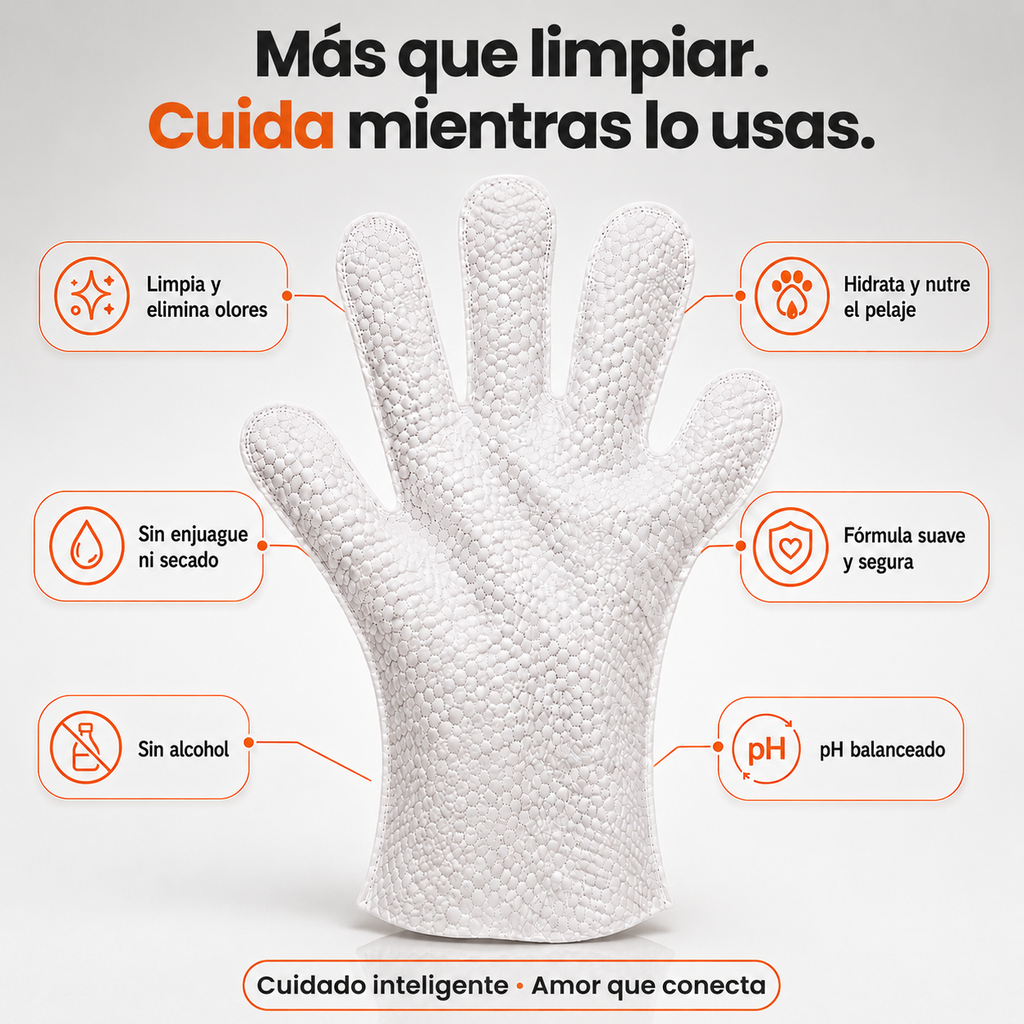 Guante de limpieza UNO+ y sus beneficios: limpia y elimina olores, hidrata el pelaje, sin enjuague, fórmula suave, sin alcohol y pH balanceado
