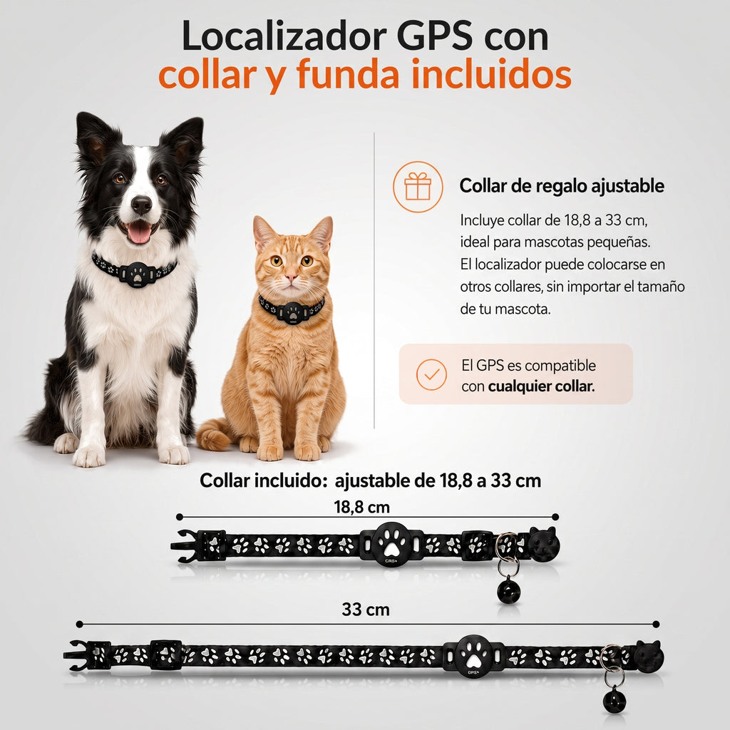 Perro y gato con el localizador GPS UNO+ en el collar incluido, ajustable de 18,8 a 33 cm y compatible con cualquier collar