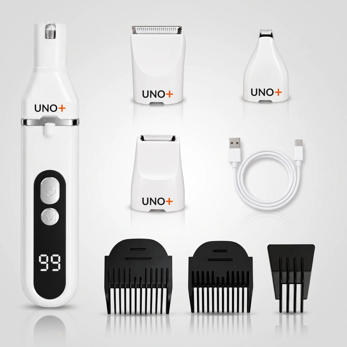 Pulidor de uñas UNO+ con pantalla digital y sus accesorios: tres cabezales intercambiables, tres peines guía y cable USB-C