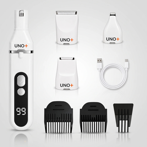 Pulidor de uñas UNO+ con pantalla digital y sus accesorios: tres cabezales intercambiables, tres peines guía y cable USB-C